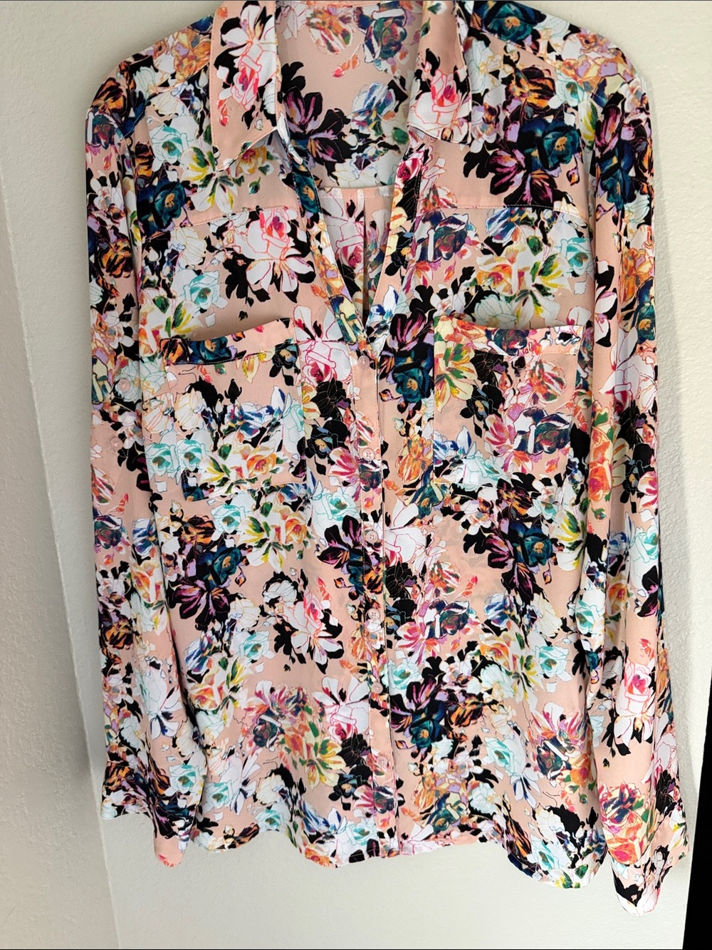 Express Peach Floral Long Sleeve Button-Front The Portofino Shirt